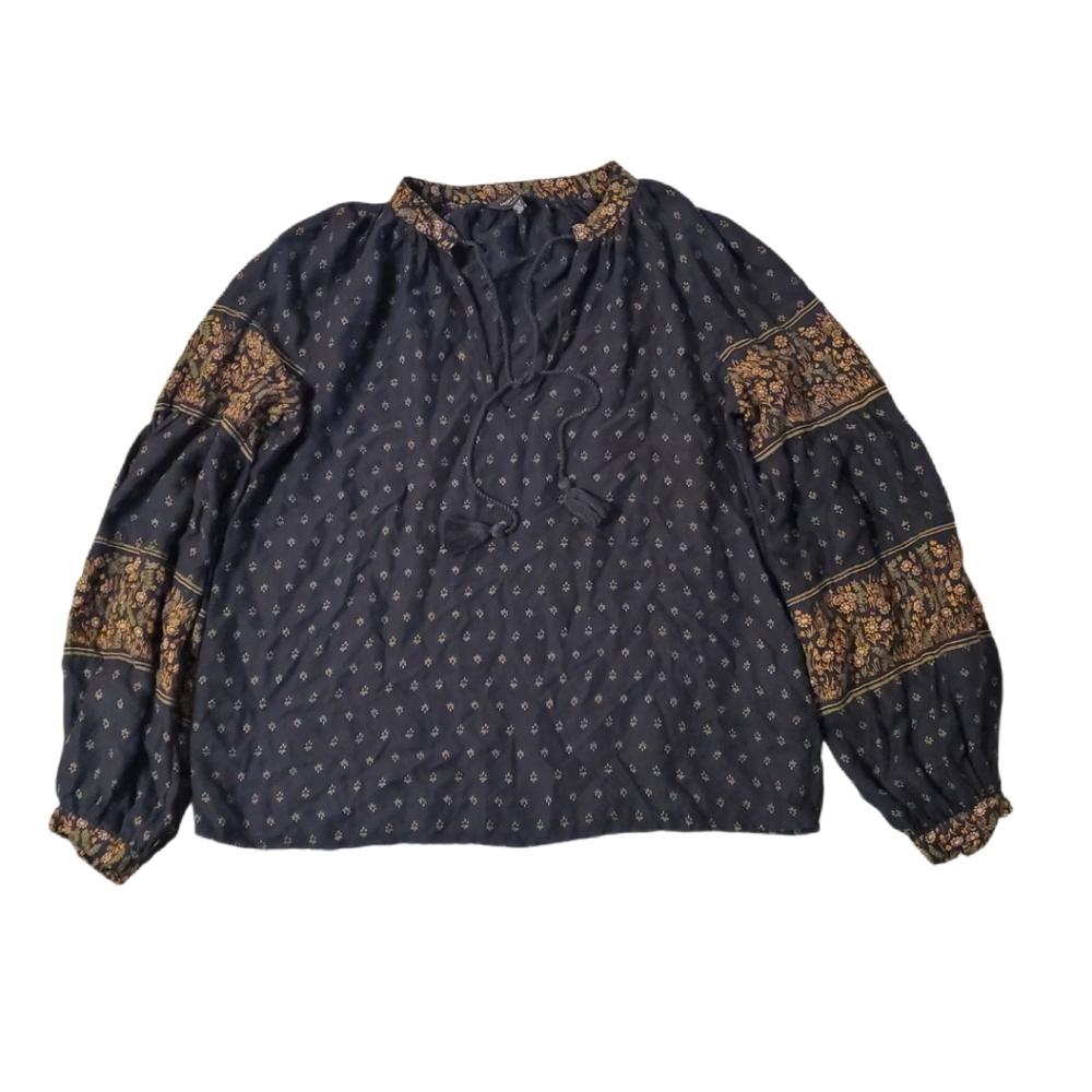 Lucky Brand Women's Floral Black‎ Peasant Boho Long Sleeve Blouse XS